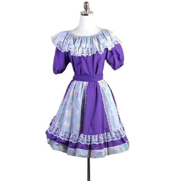 Vintage Pitchfork Square Dance Outfit Purple Ruffle Full Circle Rockabilly - Picture 1 of 10